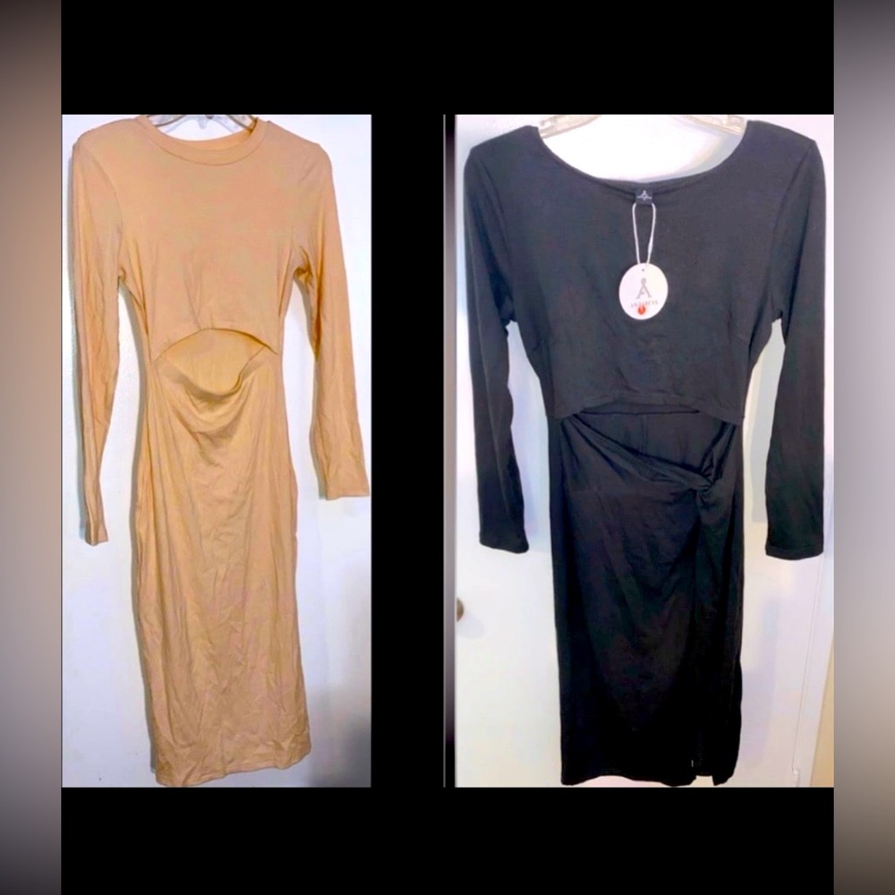 2 Bodycon Dress Bundle - Long Sleeve Cut Out Dresses 1 Nude 1 Black